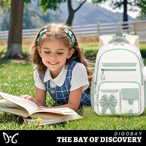 DIGOBAY Backpack for Girls, 3PCS Girls Backpack for School with Lunch Bag Pencil Case, Cute Kids Teens Bookbag for Kindergarten Elementary Preschool Middle School - color: Beige-bean Green