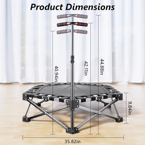 RYGEO Mini Fitness Trampoline with Adjustable Handle Bar, Black, Indoor Exercise Rebounder for Kids, Foldable Frame