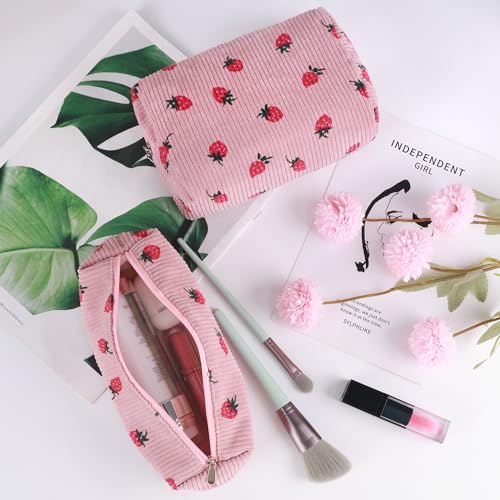 3 Pcs Makeup Bag Cosmetic Bag Set for Girls Women Travel Organizer Bathroom Toiletry Pouch Large Capacity Storage Bag (Strawberry Pink) - color: Strawberry Pink