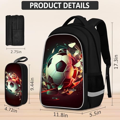TILYTADLY School Backpack for Boys - 4pcs Soccer Boys Backpack with Lunch Box and Pencil Case for Kids Children Teens Elementary Middle School - Students Bag for Ages 6-18,17″Bookbag Travel Back Pack - color: Soccer-black-02-backpack Set