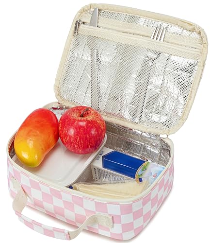 LEDAOU Lunch Box Kids Insulated Lunch Bag Girls Boys Toddler Reusable Lunchbox for School Picnic Hiking (Checkered-Pink) - color: Checkered-Pink
