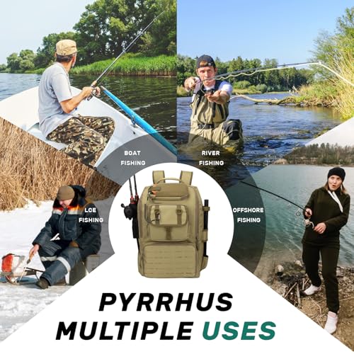 Pyrrhus 40L Fishing Backpack with Rod Holders & Insulated Cooler Compartment, Camping Cooler Tackle Storage for Anglers - color: Khaki