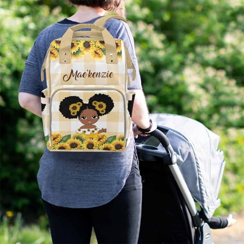 Newcos Personalized Sunflower Mommy Nursing Baby Bags Custom Afro Princess Diaper Bag Backpack with Name Customized Large Nappy Bags for Women - color: 230112-17