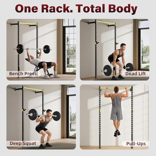 SPORTSOUL Wall Mounted Power Cage, 900lbs Squat Rack with Pull Up Bar for Home Gym, Space-Saving 2"x2" Pull-Up Station with Adjustable J-Hooks for Garage & Apartment - color: Yellow