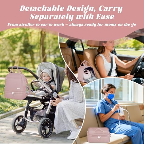 Breast Pump Bag with Insulated Cooler, Double-Layer Pumping Bag for Work & Travel, Fits Most Electric Breast Pumps, Includes 10 Ice Packs & Waterproof Mat, Detachable Bottle Cooler Tote, Pink - color: Pink