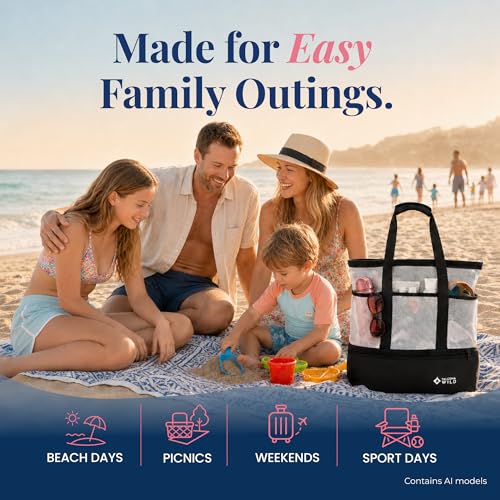 Beach Bag with Cooler Compartment Plus 3 Ice Packs – Keeps Drinks Cold for 6+ Hours – Insulated Beach Tote and Cooler Combo – Stay Organized with Two Bags in One- Perfect for Poolside and Picnics - color: Black and White