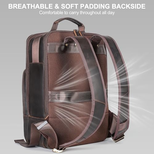 TIDING Full Grain Leather Laptop Backpack for Men, Vintage 15.6 Inch Computer Work Bag College Business Casual Daypack