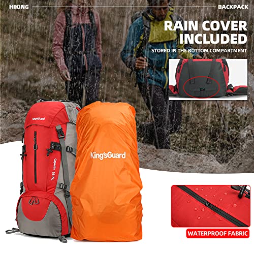 King'sGuard 70L Hiking Backpack with Rain Cover Lightweight Waterproof Travel Camping Backpack Large Backpacking Pack - color: Red
