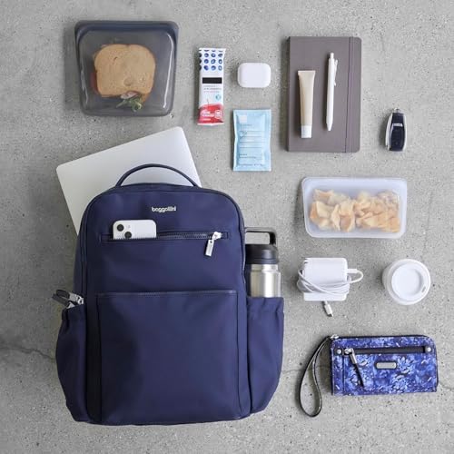 Baggallini Tribeca Expandable Laptop Backpack - 15"x11" Lightweight RFID Computer Bag for Work & Travel with Luggage Sleeve - color: French Navy Twill