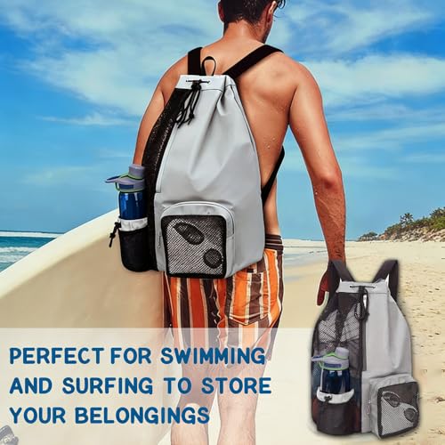 Mesh Drawstring Beach Backpack with Waterproof Wet Pocket Lightweight Swim Bag for Swimming Gym Workout for Men Women Light Grey