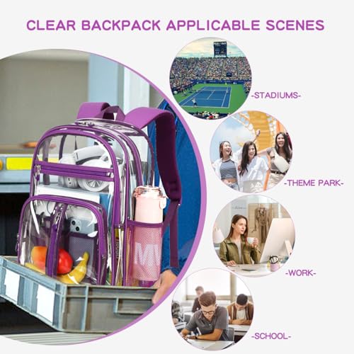 Cusangel Large Clear backpack for Girls,16in See Through Heavy Duty Bookbag | Big Capacity Transparent bulk Plastic Bag For Stadiums,School,Warehouses,Concert venues Airport security checkpoints(Purple) - color: Purple-16.5in