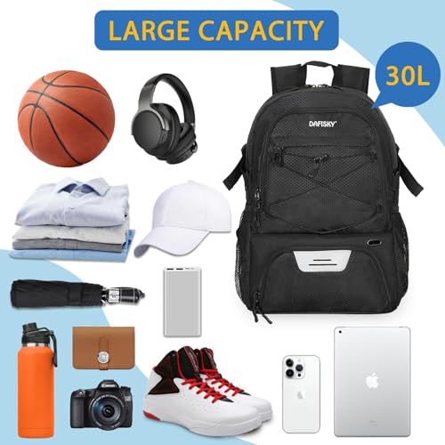 DAFISKY Basketball Backpack Sports Bag | Basketball Bag with Shoe Compartment and Ball Holder, 30L Large gym bag for boys girls - color: Black