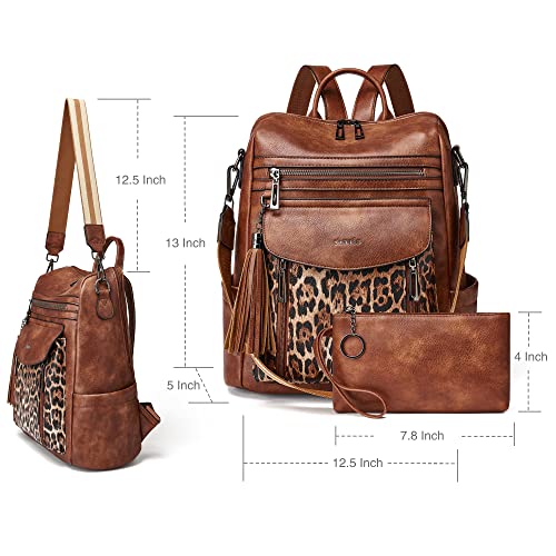 Shrrie Backpack Purse for Women Fashion Leather Backpack Purse Designer Travel Backpack Convertible Shoulder Bag with Wristlet - color: 1-9 Brown With Leopard