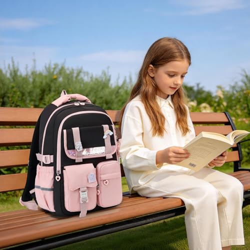 MUSEVOS Girls Backpack, Kids Backpack for Girls, School Bookbag for Teens Age 6-15, Large Capacity Water Resistant Backpack for Elementary to High School, Cute Travel Daypack, Black Pink - color: Black Pink