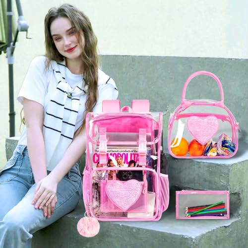 3PCS Pink Clear Backpack, Heavy Duty Transparent Bookbag for Girls Women, Stadium Approved See Through Backpack Set (Pink Sequins) - color: Pink Sequin