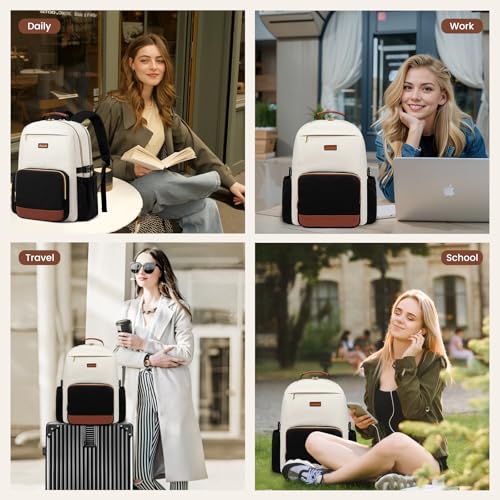LOVEVOOK Laptop Backpack for Women with Pouch Pocket for Large Capacity Cup,15.6 Inch Laptop Computer Bag Travel Backpack Purse,Waterproof Work Business Backpack College Teacher Bag,Beige-Brown-Bbrown - color: Beige - Yellowish-brown - Chestnut Brown, siz