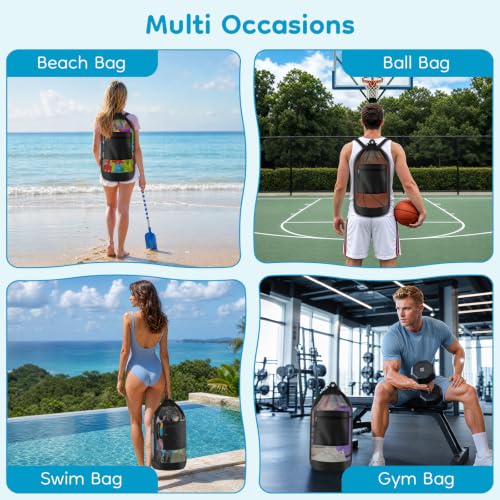 BROTOU Drawstring Backpack Gym String Bag with Pocket for Men Women Heavy Duty Mesh Bag Sport Equipment Bag for Swimming Yoga Beach Laundry - color: Black backpack-1pc