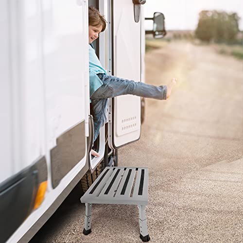 Adjustable Height Aluminum RV Step, Stable Foldable Platform Step Stool, Supports Up to 1,000 lb, Non-Slip Rubber Feet and Platform Mat, Easy to Carry (Silver) - color: Silver
