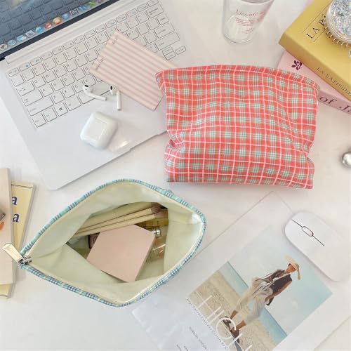 Flat Makeup Bag for Women,Zipper Cosmetic Pouch for Purse,Check Red - color: Check Red
