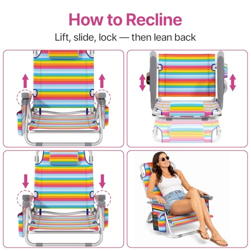 2-Pack Folding Low Beach Chairs with Lumbar Pillow for Adults & Kids - color: Candy Stripes, size: 2 Pack
