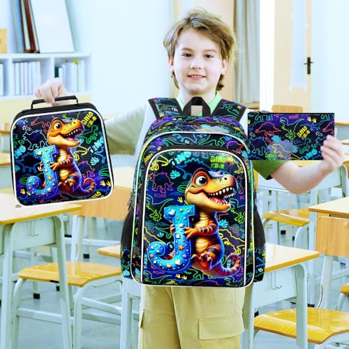 3Pcs Dinosaur Backpack, 16" Boys Bookbag with Lunch Box, Kids School Backpacks Set for Elementary Preschool Kindergarten (Balck) - color: Dinosaur Black 01