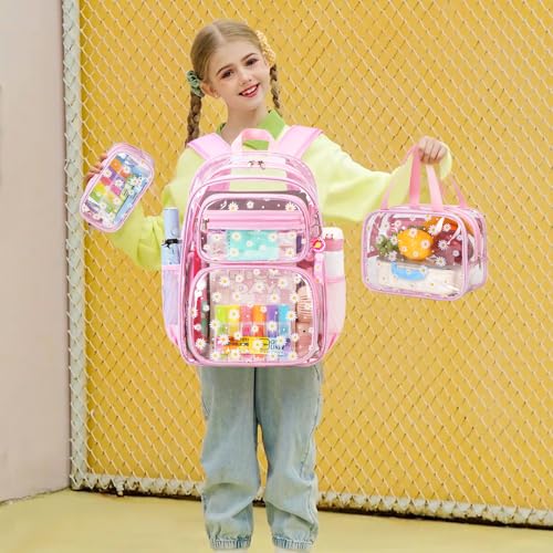 ACESAK Clear Backpack for Girls - 3 Pcs Clear Backpack Heavy Duty with Lunch Bag - See Through Bookbag Stadium Approved for Kids Middle High College School Sport Travel (Pink Daisy) - color: Pink Daisy