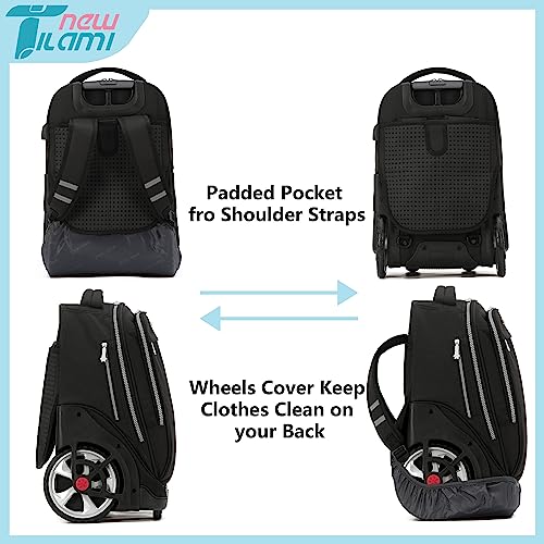 NEW TILAMI 19 inch Rolling Backpack Teens Rolling Backpack Cute Wheeled Laptop Backpack Bookbag Roller Travel Bag College, Black - color: Black