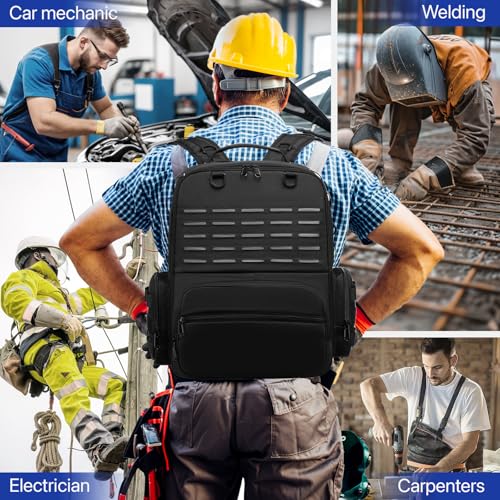 Tool Backpack,Heavy Duty Tool Bags for Men,Tool Storage Organizer Bag With 3 Tool Pouches for Electrician/Industrial/Construction/Tactical/Hvac Techs/Repairman Work