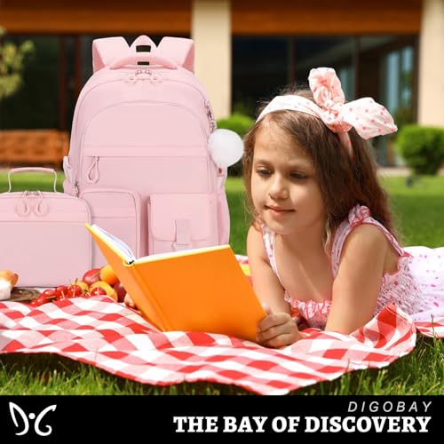 DIGOBAY 3PCS Girls Backpack for School, Kids Backpack for Girls with Lunch Bag Pencil Case, Kids Bookbag Teen Girl Backpacks for Elementary Middle High College School (Pink) - color: Pink