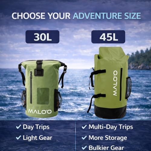 Malo’o 45L Waterproof Dry Bag Backpack – Heavy Duty Roll Top Fishing & Beach Backpack, IPX6 Water Resistant Gear Bag for Kayaking, Camping, Surf, Travel & Outdoor Adventure - color: Gray