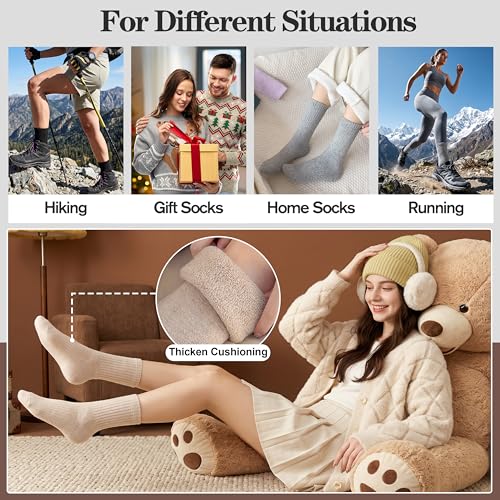 MOGGEI 5 Pairs Womens Merino Wool Socks Hiking Warm Winter Thick Thermal Crew Cozy Cabin Ladies Gift Comfy Boot Work Socks - color: Black/Grey/Light Coffee/Caramel/Beige
