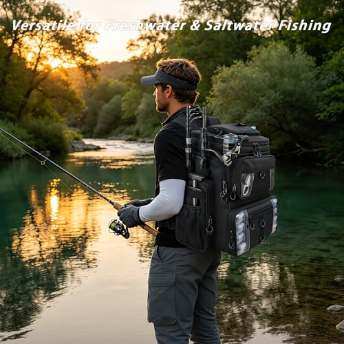 Fishing Backpack with 4 Tackle Boxes, 55L Large Tackle Box Backpack with 4 Rod Holders, Waterproof 900D Tackle Backpacks with Cooler & Clear Gear Windows, Fishing Gifts for Men Women, Black - color: Black (with 4Boxes)
