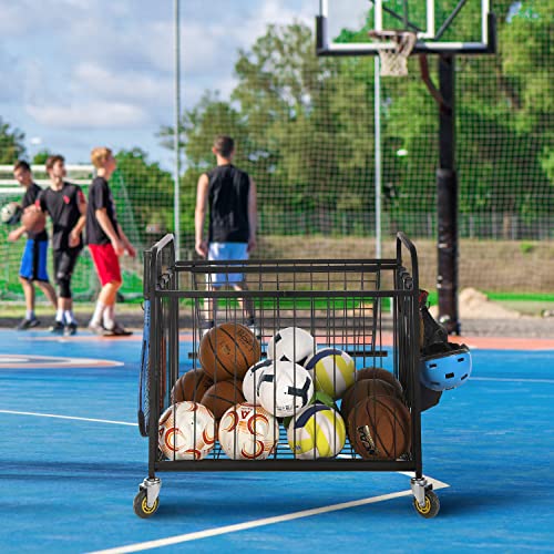 MyGift Large Capacity Metal Rolling Multi Sports Ball Cage Storage Hopper, Gym Equipment Basket Cart with Lockable Latch, Heavy Duty Caster Wheels, and 8 Accessory Hooks - color: Black