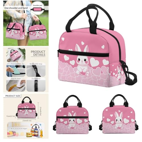 Cute Bunny Backpack for Girls Kids Backpack with Lunch Box Water Bottle Bag and Fabric Pencil Pouch 4Pcs Set 17" Bookbag with Large Front Pocket for School Lightweight Elementary School Bag - color: Cute Bunny and Pink Heart