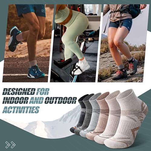 ANTSANG 6 Pairs Merino Wool Quarter Ankle Hiking Running Socks Compression Thermal Thick Cushion Socks for Women Men - color: Brown Combination, size: Medium
