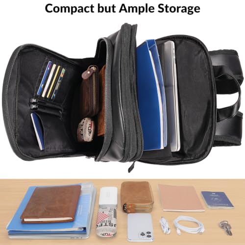Masa Kawa Expandable Black Leather 16” Laptop Backpack for Men | Slim Waterproof Business Travel Work Computer Bag