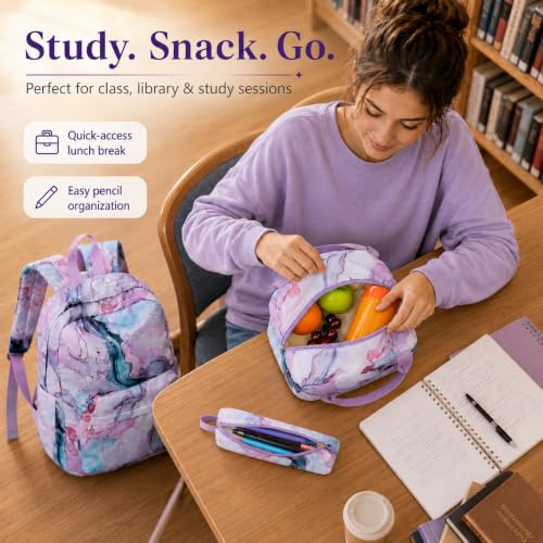 Bluboon Teens Backpack Set Girls School Backpack Lunch Box Pencil Bags Student Bookbags 3 in 1 (Green Marble) - color: Green Marble