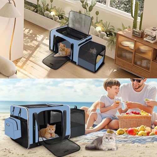 Petskd Side Expandable Extra Large Cat Carrier with Litter Box, Blue - color: Blue with Expandable Litter Box Area