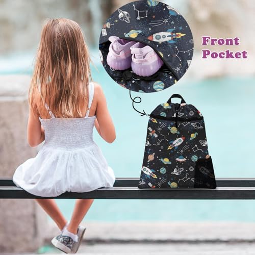 Space Rocket Drawstring Backpack, 15” x 17” Waterproof Swim Bag for Beach Swimming Pool, Lightweight Foldable Gym Bag with Water Bottle Holder for Sports Travel - color: Space Rocket