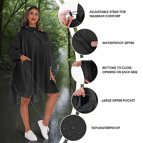 PTEROMY Hooded Rain Poncho for Adult with Pocket and Zipper, Waterproof Lightweight Raincoat for Men and Women - color: Frost Abies