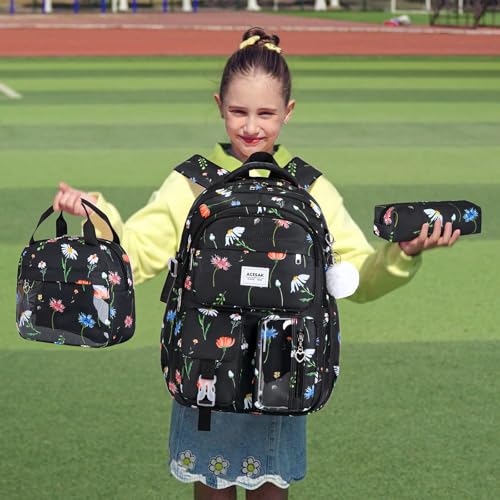 ACESAK Backpack for Girls - Girls Backpack with Lunch Bag & Pencil Pouch for Teen Kids Laptop Backpack for Women, Elementary Middle High School Bookbag Travel Daypack (Black Flower) - color: Black Flower