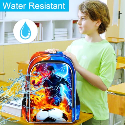 AGSDON 3PCS Boys Backpack for Boys, 17" Kids Bookbag with Lunch Box for Boy,Soccer Flame Thunder Backpacks Water Resistant and Lightweight for Teen - color: Football