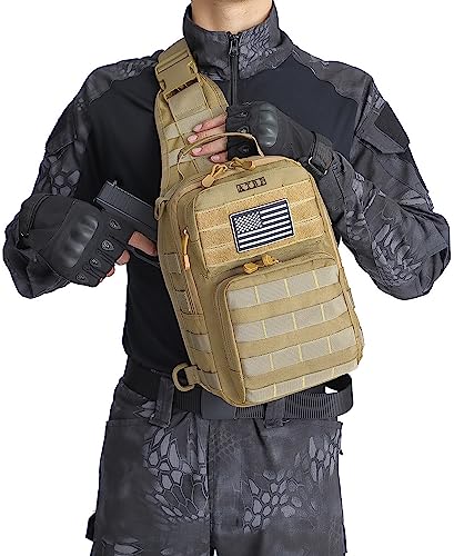 Tactical Sling Backpack With Holster Military Crossbody Bag for Men Single Shoulder Back Pack 10L - color: Tan Khaki Brown