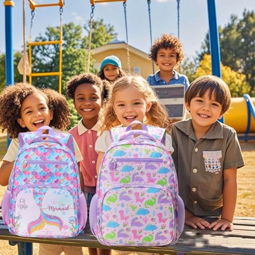 RHCPFOVR Kids Backpack for Girls - Girls Backpack 3-8 Ages Dinosaur for Kids 15 Inch School Bookbag for Kindergarten Elementary School Bookbag for Girl 1st 2nd Grade - style: Purple Dinosaur