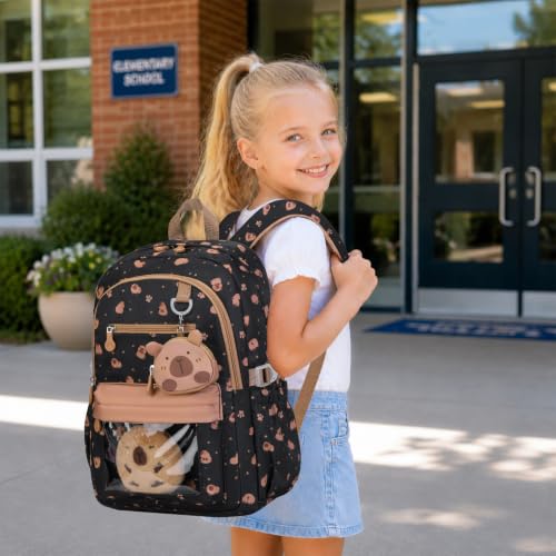 Capybara Theme Backpack for School Girls, 35PCS Kids Backpack Set with School Supplies Stationery Kit Lunch Box Pencil Case, Cute Girls Bookbag for Kindergarten Elementary Student - color: Black