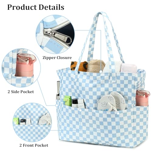 LEDAOU Beach Bag Waterproof Sandproof Women Beach Tote Pool Bag with Zipper for Swim Gym Grocery Travel with Wet Pocket | Sandproof - color: Checkered-blue