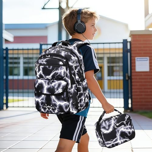 Bevalsa Backpack for Boys, Lightning School Bags with Lunch Bag & Pen Case for Kids, Bookbag for Boys Teens Elementary Middle High School - color: Black