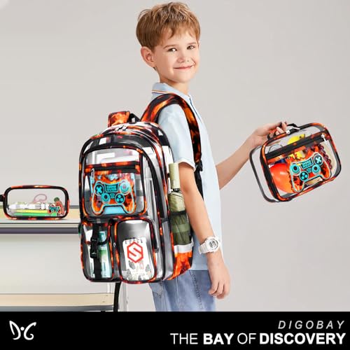 DIGOBAY 3PCS Cool Luminous Clear Backpack for Boys Kids, Gamer Clear Bookbag for School, See Through PVC Transparent Backpacks with Lunch Bag Pencil Case, Backpack Heavy Duty for School Stadium - color: Red Flame