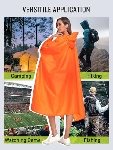 SaphiRose Extra Thick Hooded Rain Poncho Double Layer Waterproof Raincoat Jacket for Men Women Adults - color: Orange