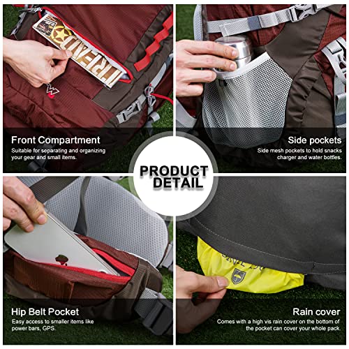 MOUNTAINTOP 80L Internal Frame Backpack for Man & Women Backpacking Hiking Backpack with Rain Cover - color: Maroon-80l
